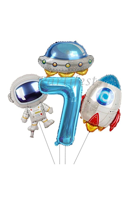 Uzay Kozmik Galaksi Astronot 7 Yaş Balon Set Yıldız Balon Folyo Set Konsept Doğum Günü Set