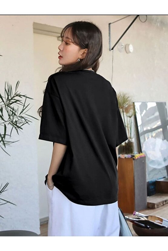 Kadın Oversize Original Vintage Baskılı Siyah Tshirt