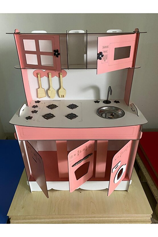 3 Kapaklı Boyalı Montessori Eğitici Ahşap Oyuncak Mutfak 6 Mm