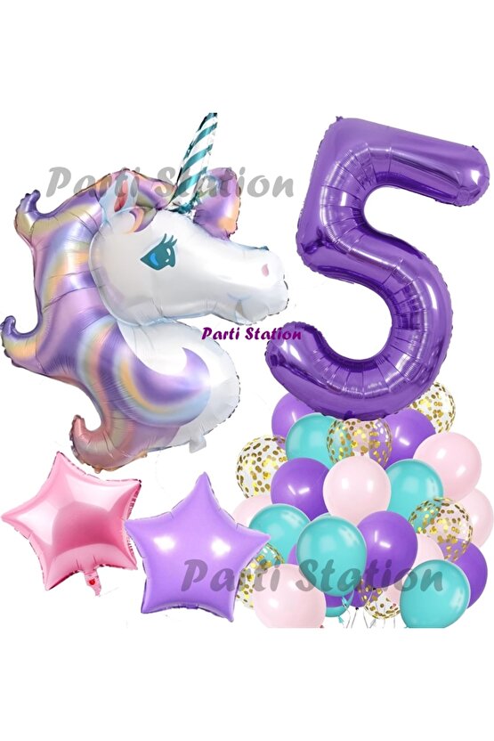 Mor Rakam Balonlu Unicorn Konsept 5 Yaş Doğum Günü Balon Set Mor Unicorn Tema Folyo Balon Set