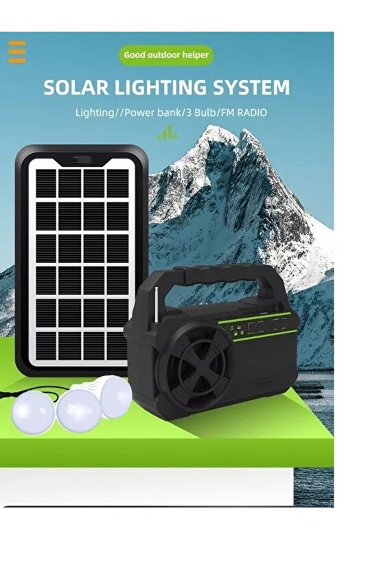 Güneş Enerji Panelli Solar Güç Sistemi Powerbank Kamp Doğa Balık Karavan Fener Fm Bluetoth Müzik