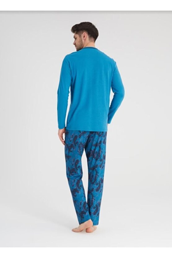 Erkek Uzun Kol Pijama Takımı 30342-mavi