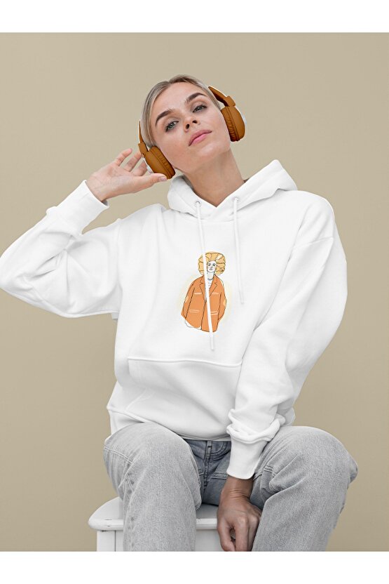 Cool Sade Baskılı Tasarım 2 Iplik Şardonlu Beyaz Hoodie Sweatshirt