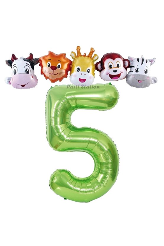 Yeşil Renk Rakam Balonlu Safari 5 Yaş Doğum Günü Parti Balon Set Safari Hayvanlar Tema Parti