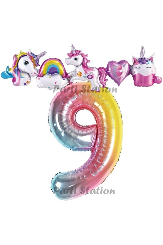 Renkli Gökkuşağı Renk Rakam Balonlu Unicorn 9 Yaş Doğum Günü Parti Balon Set Unicorn Tema Parti Seti