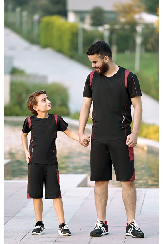 9703 Erkek Çocuk (SİYAH)(BORDO) Kısa Kol Bol Kesim Spor T-shirt, Şort Alt Üst Takım