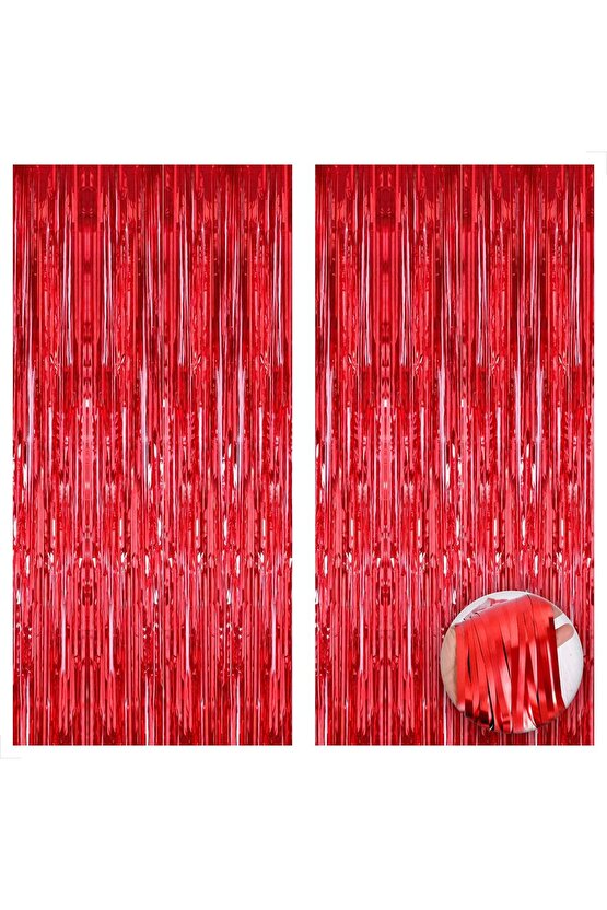 2 Adet Kırmızı Renk Metalize Arka Fon Perdesi ve 1 Adet Plastik Pembe Renk Masa Örtüsü Set