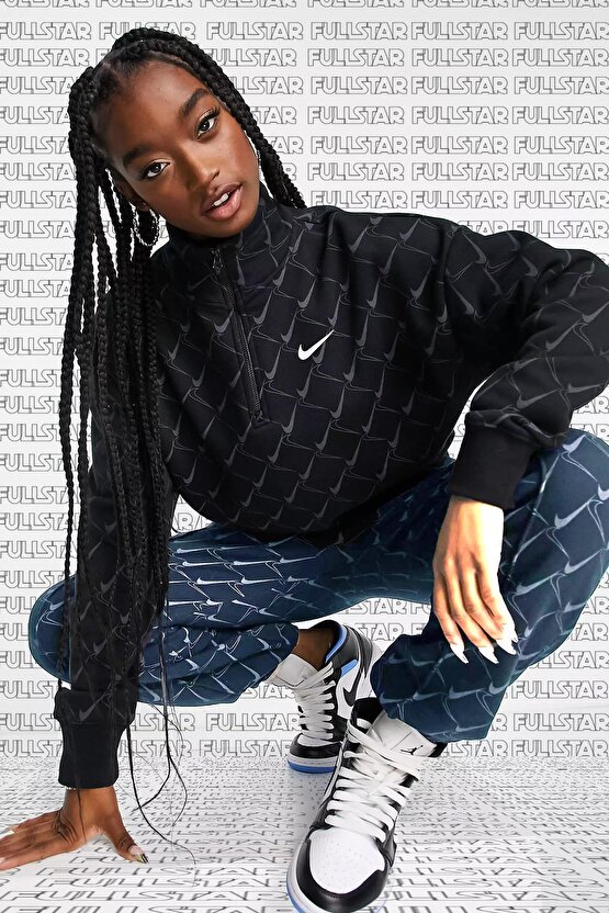 Trend Swoosh Printed Fleece Hoodie 14 Zip Yarım Fermuarlı Sweatshirt Siyah