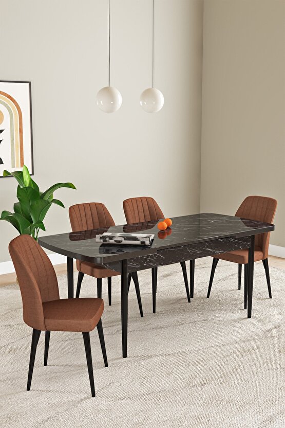 Elis Siyah Mermer Desen 80x132 Açılabilir Mutfak Masası Takımı 4 Adet Sandalye
