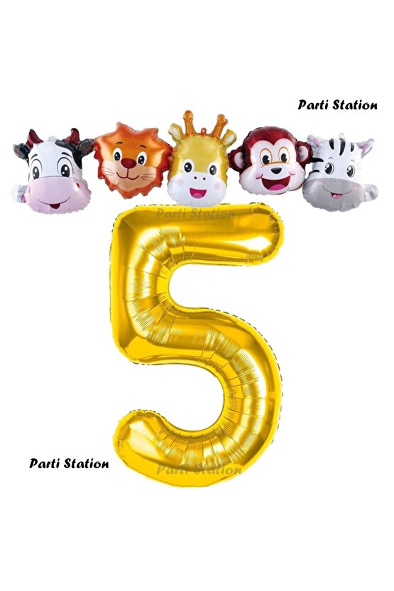 Altın Renk Rakam Balonlu Safari 5 Yaş Doğum Günü Parti Balon Set Safari Hayvanlar Tema Parti
