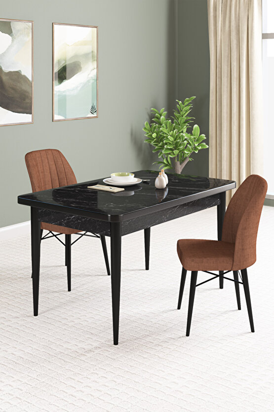 Vena Siyah Mermer Desen 70x110 Sabit Mutfak Masası 2 Adet Sandalye