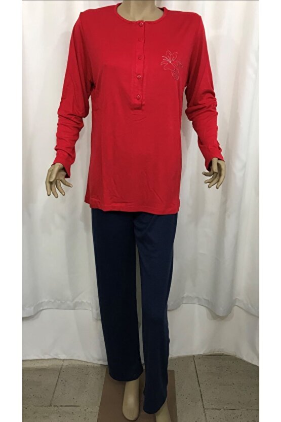 Uzunkol Pijama Takım-14850-kırmızı Lacivert