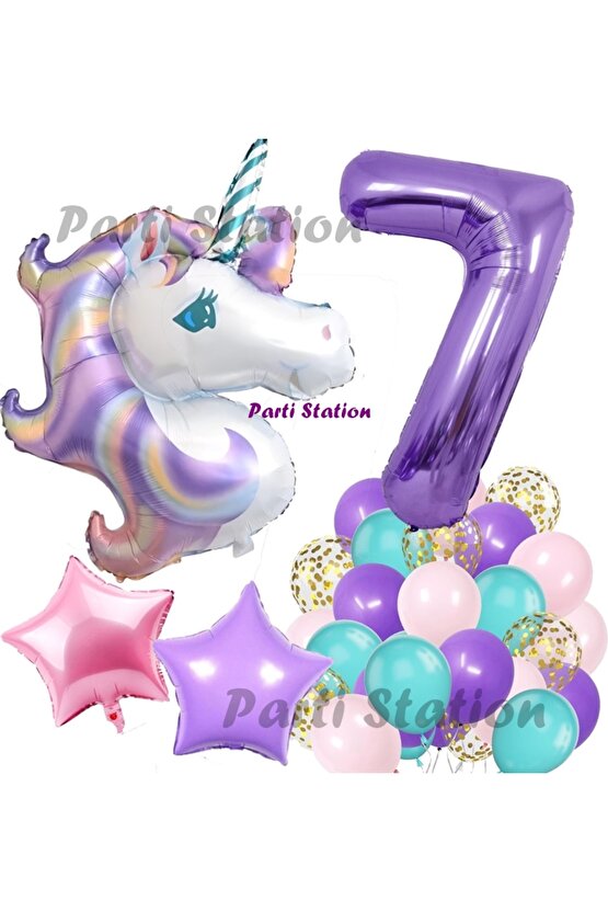 Mor Rakam Balonlu Unicorn Konsept 7 Yaş Doğum Günü Balon Set Mor Unicorn Tema Folyo Balon Set