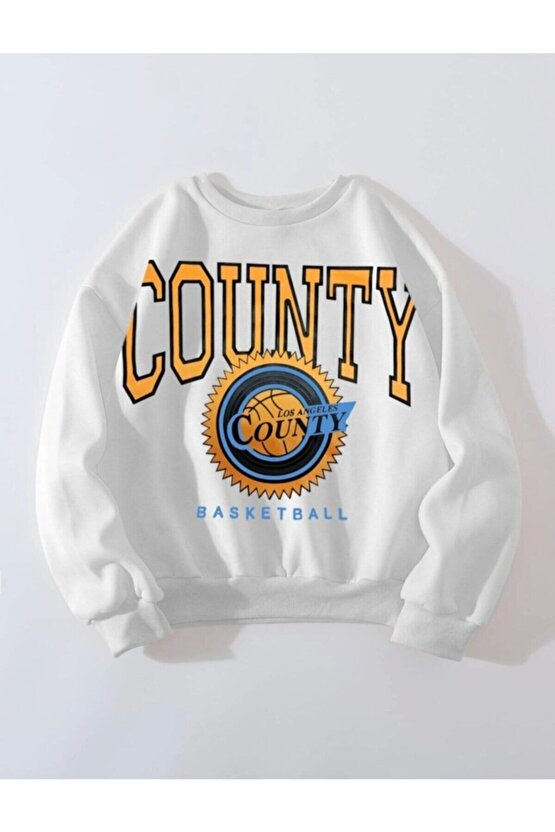 Oversize Unisex Beyaz County Basketball Baskılı Sweatshirt