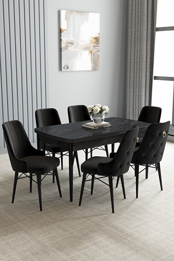 Jusie Siyah Mermer Desen 80x132 Açılabilir Yemek Odası Takımı 6 Adet Sandalye