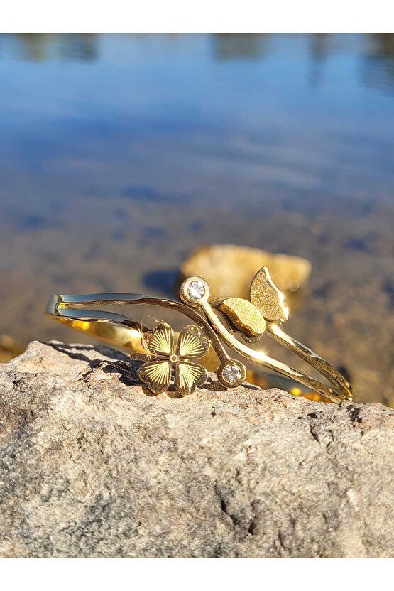 Kelebek Figürlü Gold Çelik Bileklik
