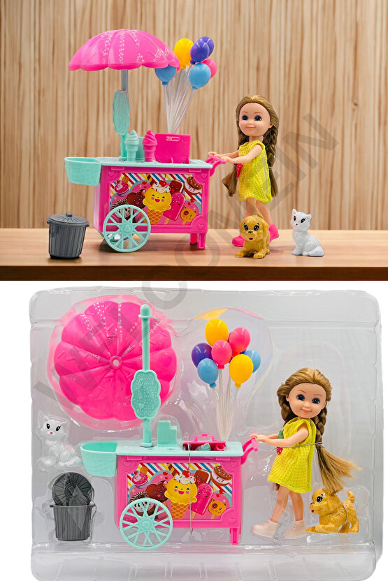 Nini Love Dondurma Arabası Hareketli Eklem Bebek Köpek Ve Kedili Balonlu Bebek Oyun Seti