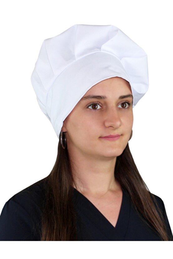Unisex Şef Aşçı Kep Aşçı Şapkası Mantar Kep Alpaka Kumaş Beyaz