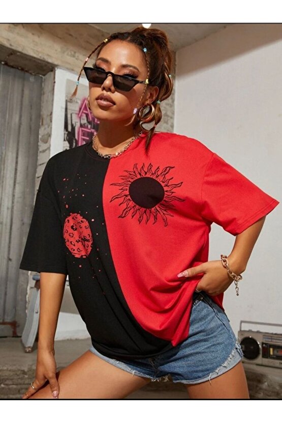 Unisex Oversize Kırmızı-siyah Sun Moon Baskılı Çift Renk Tshirt