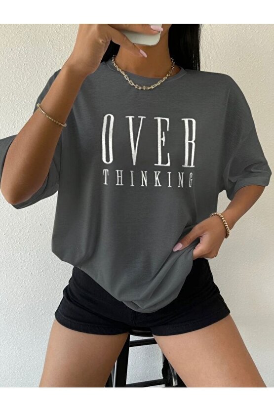 Kadın Oversize Over Thinking Baskılı Antrasit Tshirt