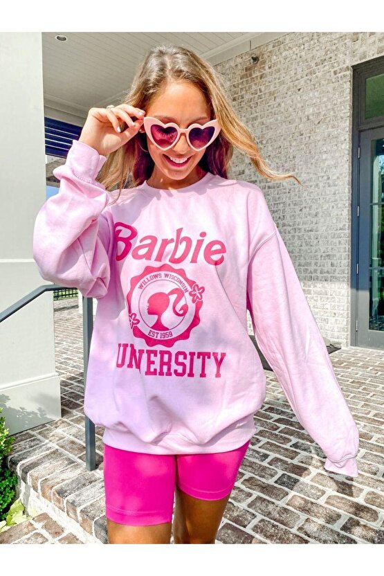 Kadın Oversize Pembe Barbie Baskılı Bisiklet Yaka Sweatshirt