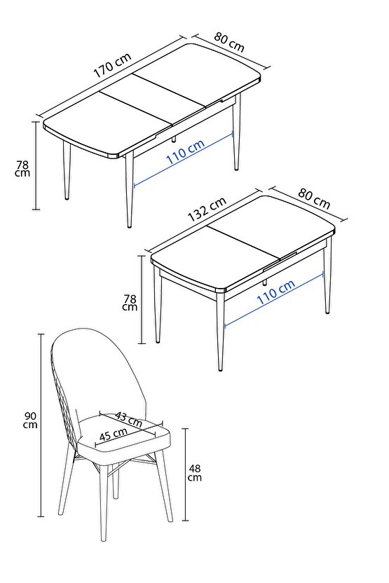 Calvin Atlantik 80x132 Mdf Açılabilir Mutfak Masası Takımı 6 Adet Sandalye