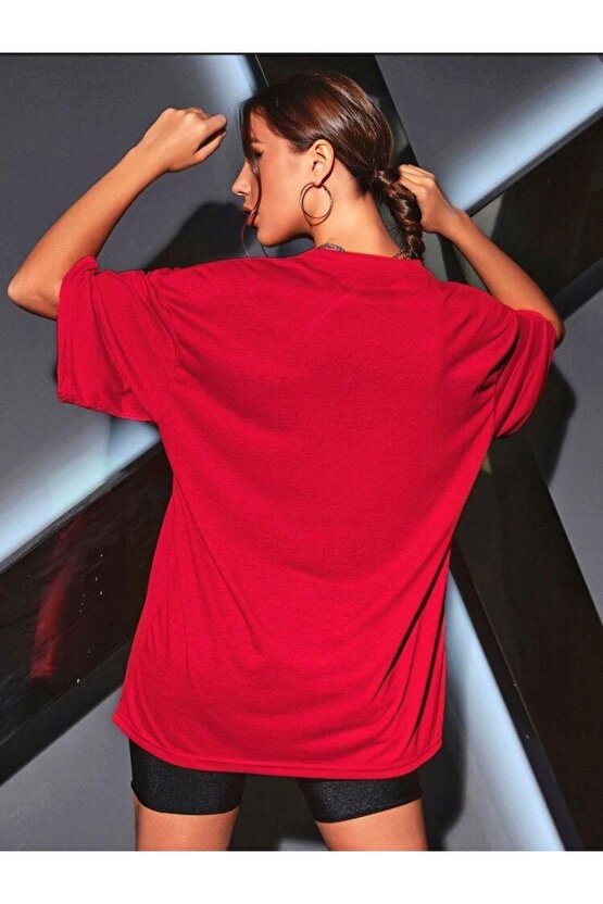 Kadın Oversize Original Vintage Baskılı Kırmızı Tshirt
