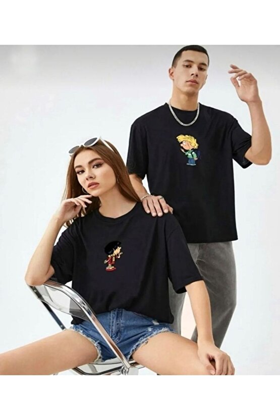 Oversize Unisex Cedric Ve Chen Baskılı Sevgili Kombini Siyah Tshirt