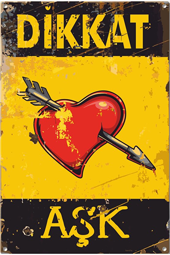 Dikkat Aşk Uyarı Levhası Retro Ahşap Poster