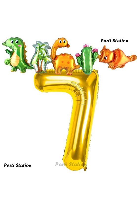 Altın Renk Rakam Balonlu Dinozor 7 Yaş Doğum Günü Parti Yapışık Balon Set Dinozor Tema Parti Set