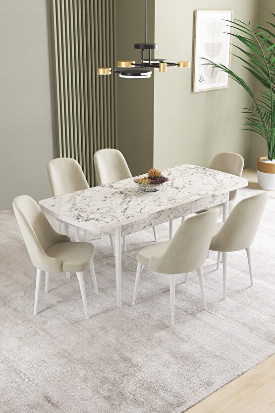 Ikon Beyaz Mermer Desen 80x132 Mdf Açılabilir Mutfak Masası Takımı 6 Adet Sandalye