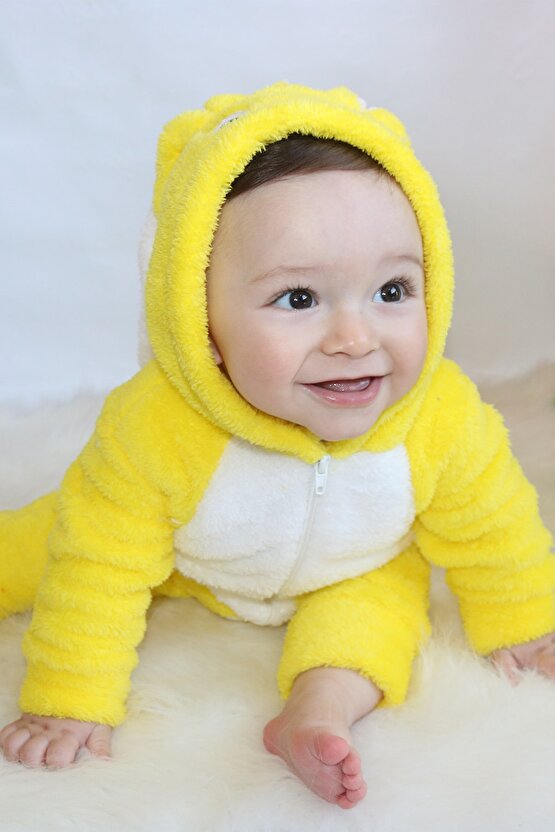 Unisex Bebek Sarı Peluş Tavşanlı Tulum 