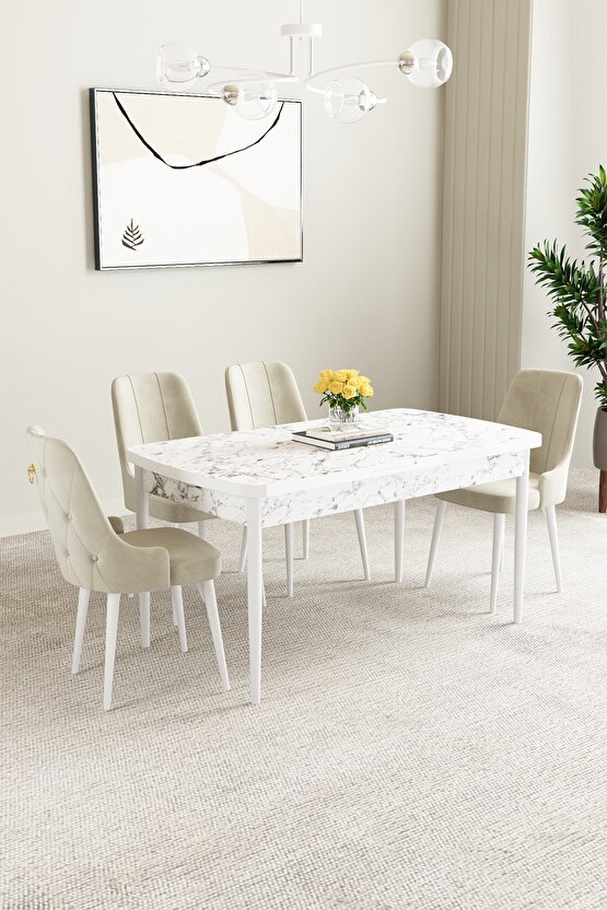 Mabel Beyaz Mermer Desen 80x132 Mdf Açılabilir Mutfak Masası Takımı 4 Adet Sandalye