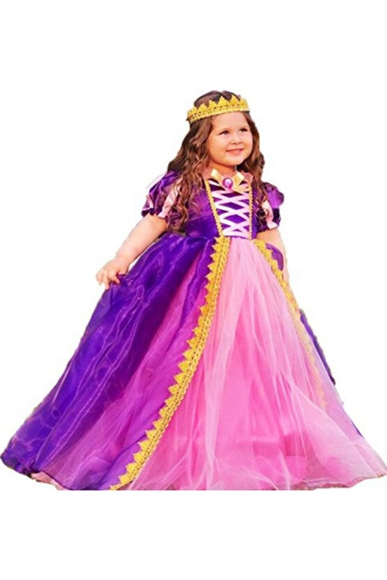 Rapunzel Kız Çocuk Elbise - Taçlı Pelerinli Tarlatanlı Rapunzel Kostüm - Disney Kostüm