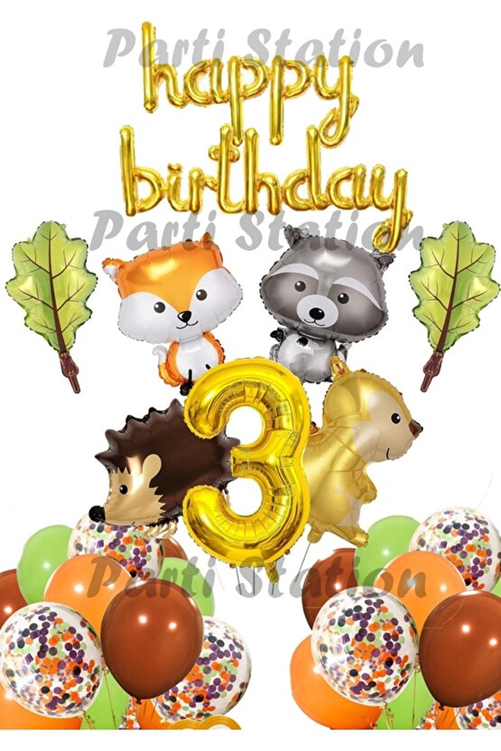 Orman Hayvanları Konsept Parti Woodland 3 Yaş Doğum Günü Balon Set Sincap Rakun Kirpi Tilki Balon