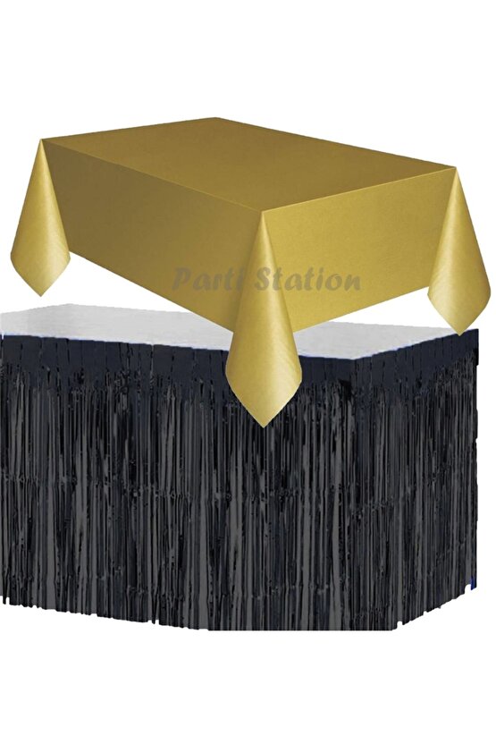 Masa Örtüsü Masa Eteği Plastik Altın Gold Renk Masa Örtüsü Siyah Renk Metalize Sarkıt Masa Eteği Set