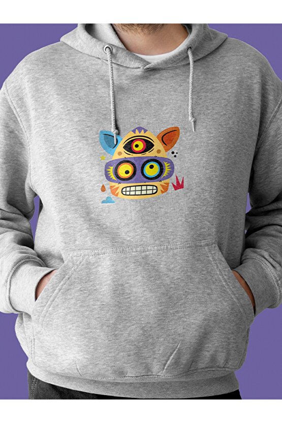 Monster Serisi Kedi Baskılı Tasarım 2 Iplik Şardonlu Beyaz Hoodie Sweatshirt