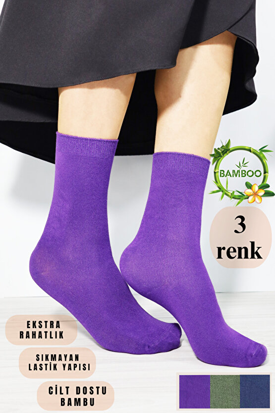 Kadın Çorabı Ter Emici Dikişsiz Extra Soft Model Soket Uzun Bambu Çorap (3 ÇİFT) Asorti Renk