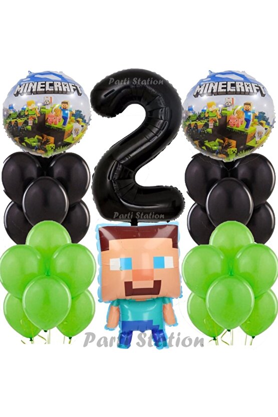Minecraft Konsept Doğum Günü 2 Yaş Balon Set Minecraft Parti Tema Yeşil Siyah Balon Set