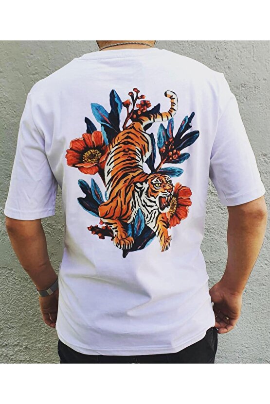 Unisex Beyaz Sırt Baskılı Kaplan Desenli Oversize T-shirt