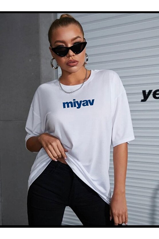 Oversize Kadın Miyav Baskılı Tshirt