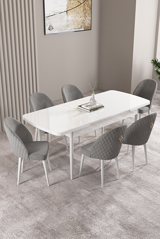 Milas Beyaz 80x132 Mdf Açılabilir Mutfak Masası Takımı 6 Adet Sandalye