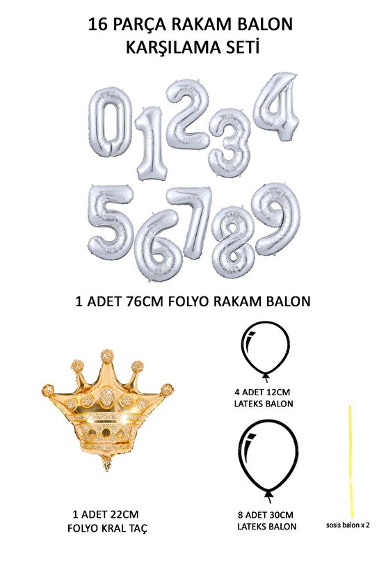 Rakam Balon Karşılama Seti 8 Yaş Parlak Rose Gold Gümüş Renkler Altın Taçlı 8 Rakamlı Balon