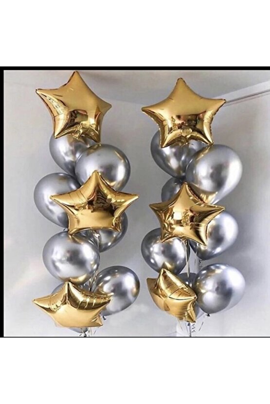 Açık Gri Krom 14 Adet Folyo Gold Yıldız 6 Adet Balon Set