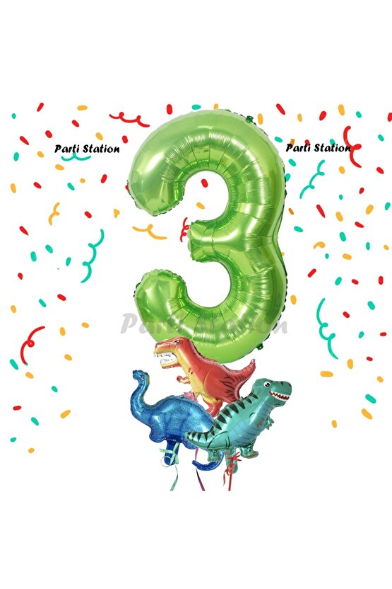 Yeşil Renk Rakam Balonlu Küçük Boy Dinozor Balonlu 3 Yaş Dinozor Konsept Doğum Günü Parti Balon Set