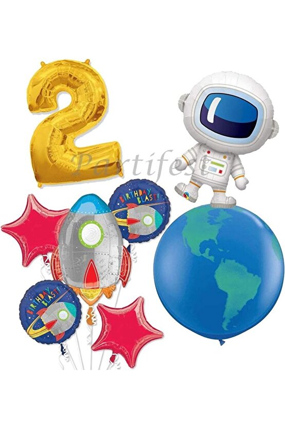 Uzay Kozmik Galaksi Astronot Roket 2 Yaş Balon Set Yıldız Balon Folyo Set Konsept Doğum Günü Set