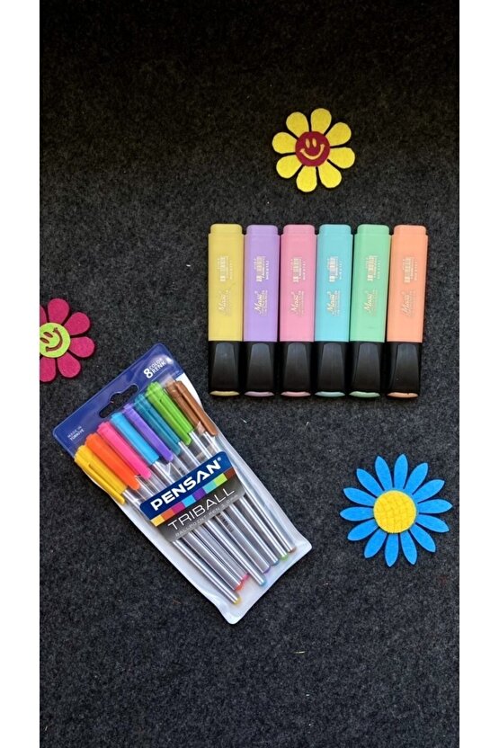 Triball Tükenmez Kalem 8 Renk + Masis Pastel Renk Fosforlu Işaretleme Kalemi 6 Lı Set