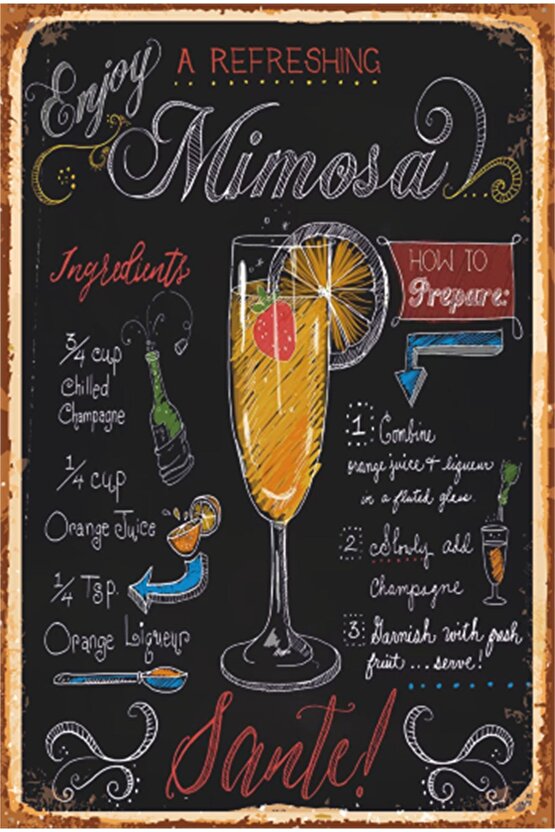 Kokteyl Mimosa Alkol Kara Tahta Retro Ahşap Poster