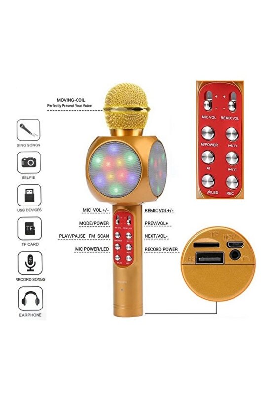 LED IŞIKLI ŞARJLI KABLOSUZ KARAOKE MİKROFON BLUETOOTH HOPARLÖR SES DEĞİŞTİRME SD KART USB GİRİŞLİ