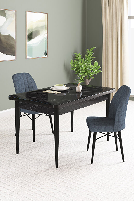Vena Siyah Mermer Desen 70x110 Sabit Mutfak Masası 2 Adet Sandalye